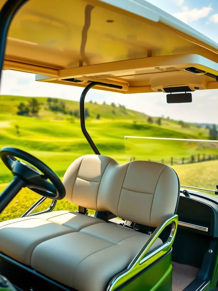 A detailed image of a luxury GolfCartHire golf cart, highlighting its premium seating, advanced features, and sleek design in a scenic golf course environment.