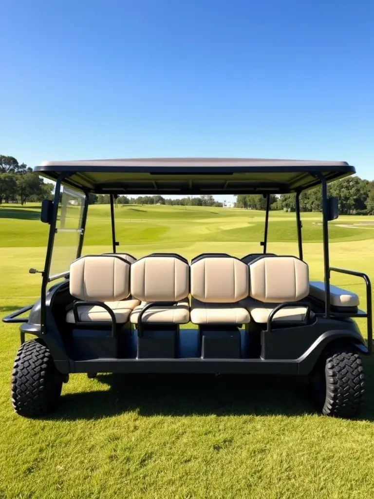 An image of a four-seater GolfCartHire golf cart, emphasizing its spaciousness and suitability for group outings on a golf course.