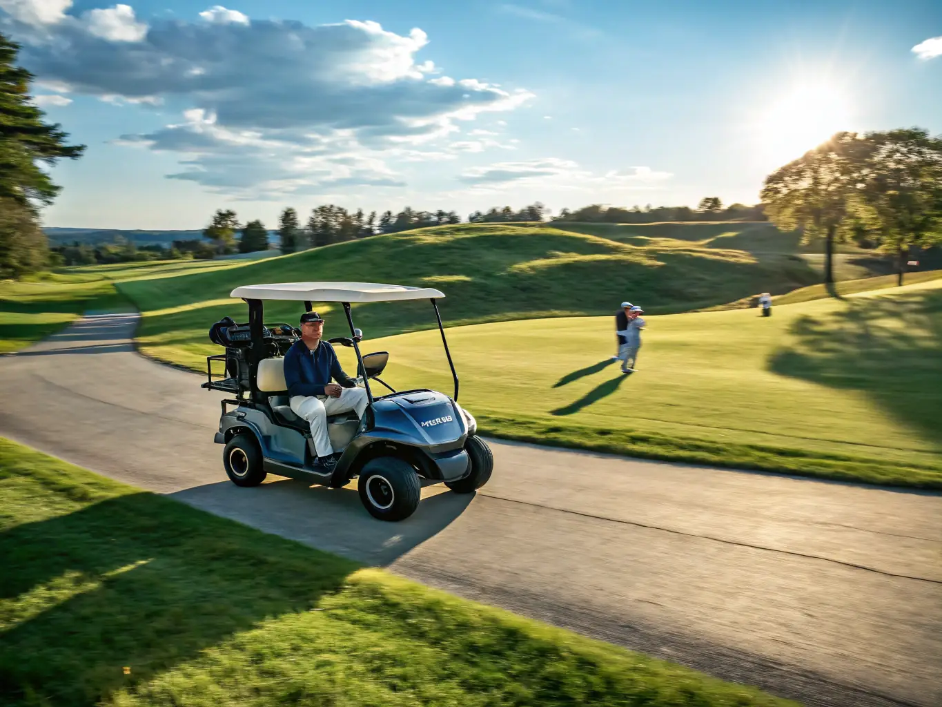 A visually appealing image of a luxury golf cart parked near a clubhouse, highlighting its premium features such as leather seats, advanced dashboard, and stylish design.