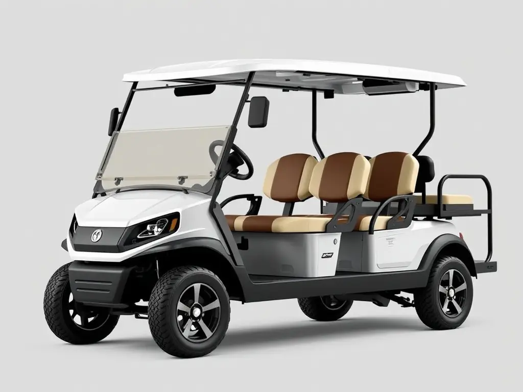 An image showcasing the technical specifications of a golf cart, such as battery life, motor power, and dimensions, presented in a clear and informative graphic.
