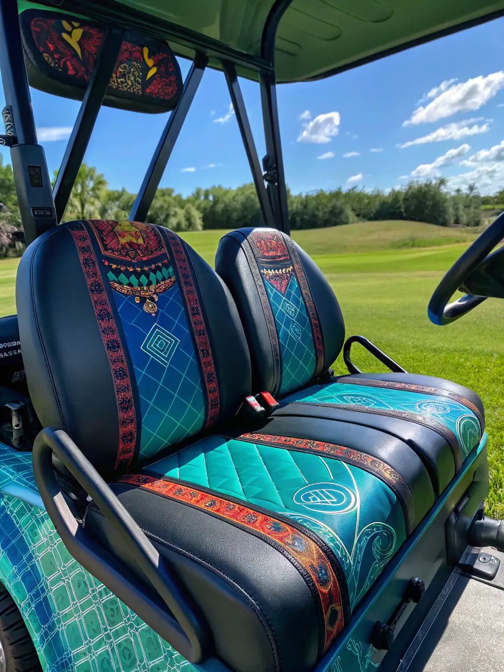 A picture of a customized GolfCartHire golf cart, showcasing unique features such as custom paint, upgraded wheels, or specialized accessories in a showroom setting.